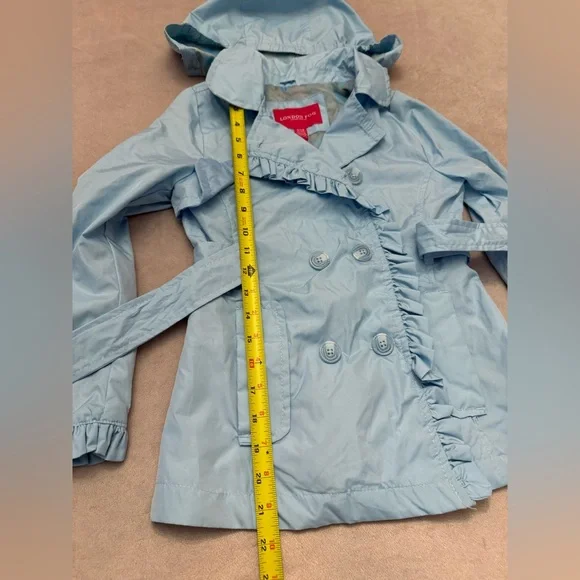 London Fog Girls Trench Coat 7-8 Small Blue Hooded Belted Lightweight Jacket - Picture 4 of 8